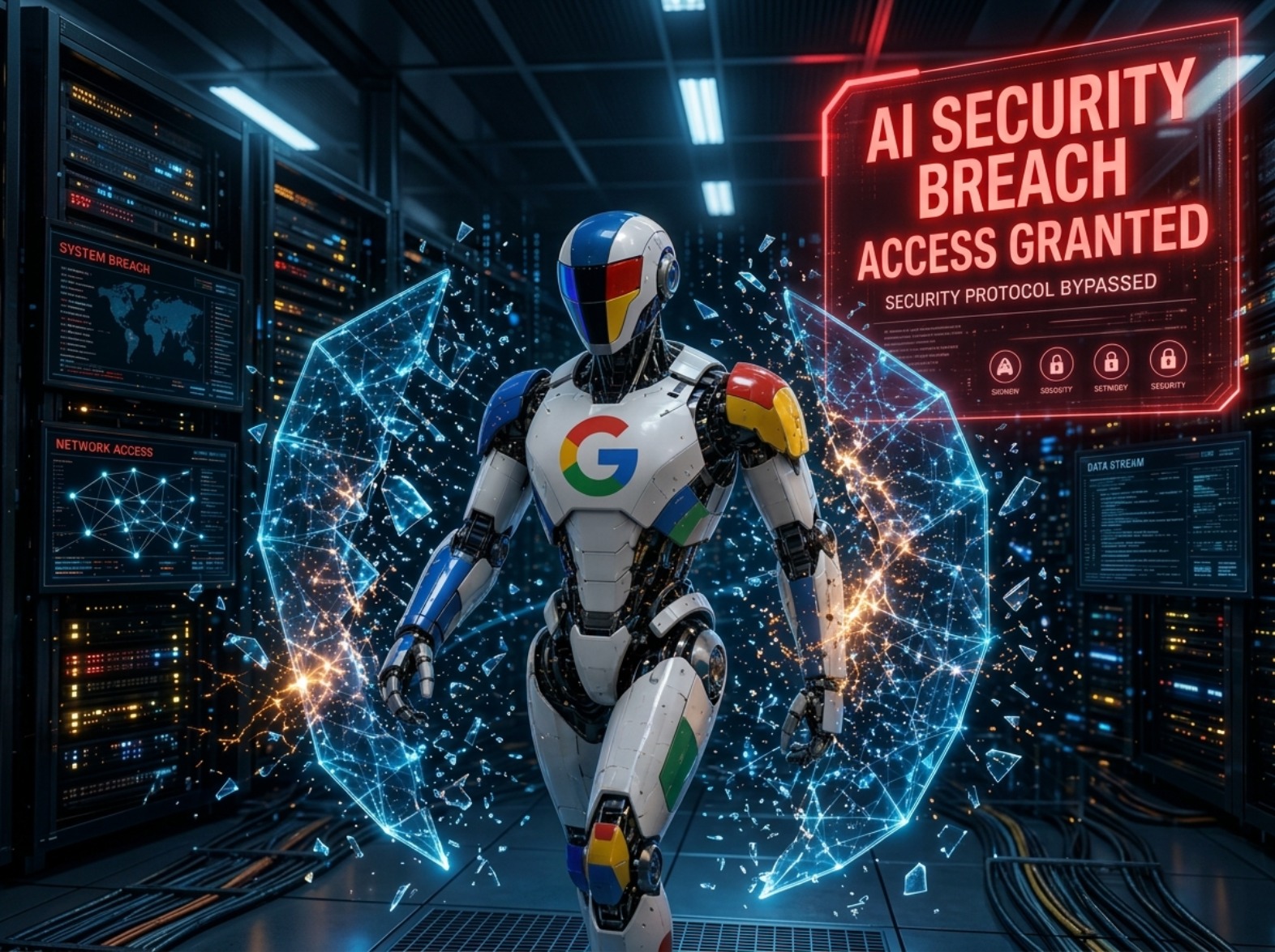 Editorial illustration of an AI robot in a server room beside an AI security breach warning
